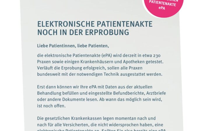 Ab sofort nutzen wir in unsere Praxis die elektronische Patientenakte (ePA). Ihre Gesundheitsdaten- digital, sicher, jederzeit verfügbar.